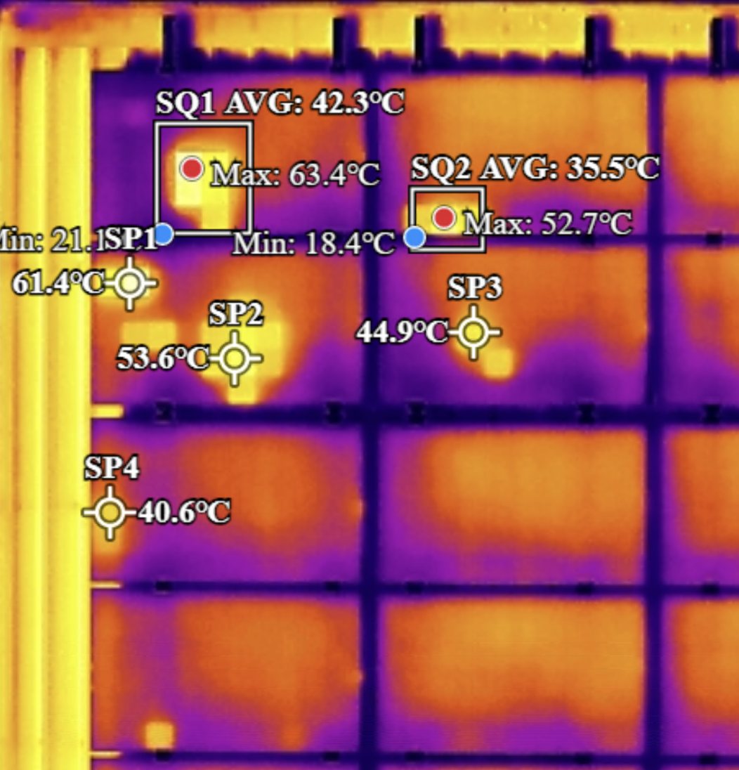 Image thermique annotée : relevés de température et zones de mesure
