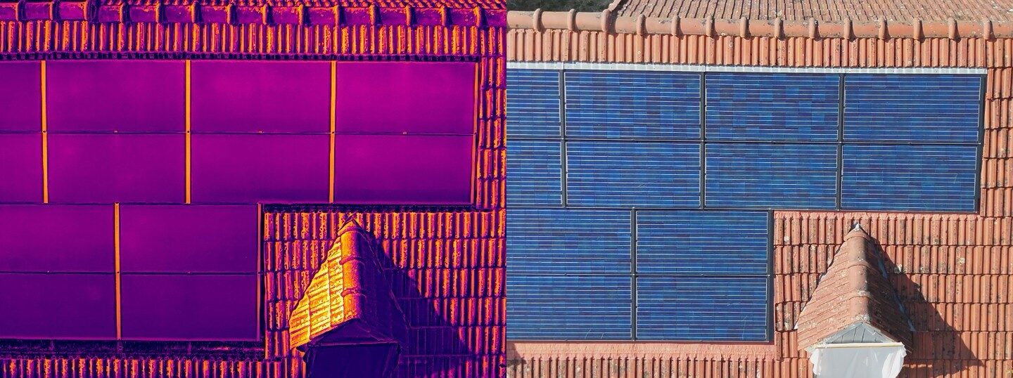Toiture photovoltaïque résidentielle vue par drone : image thermique à gauche, image visuelle à droite