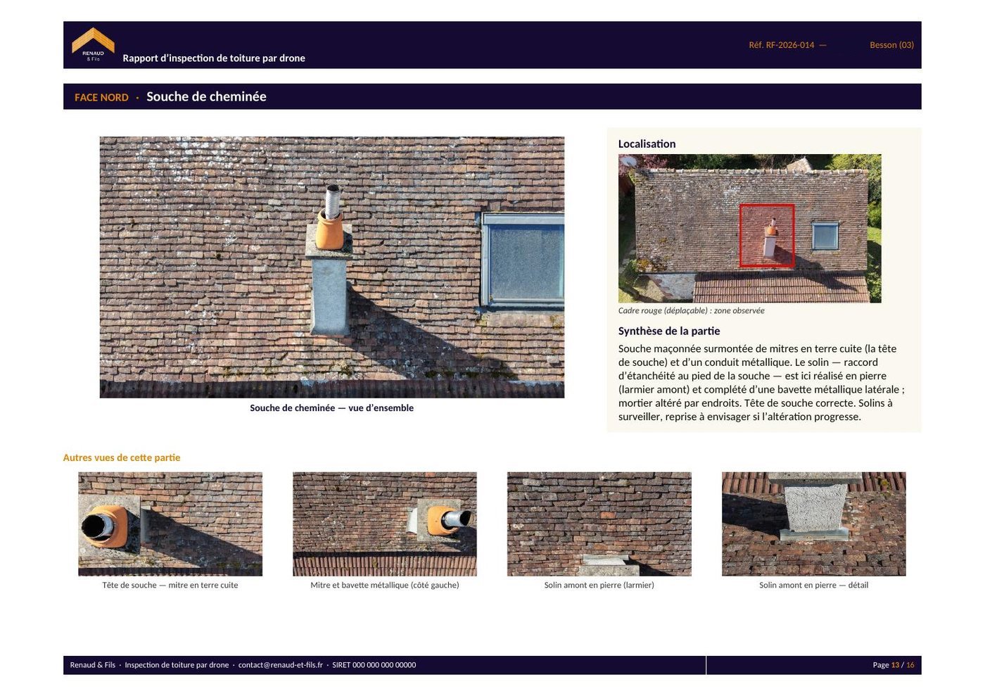 Exemple de page de rapport d'inspection de toiture par drone : souche de cheminée