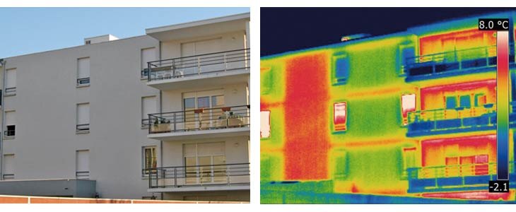 Façade d'immeuble en vue réelle et en image thermique : les zones chaudes trahissent les déperditions de chaleur