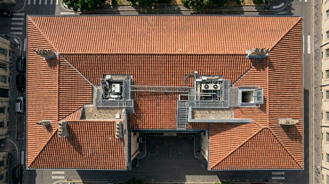 Vue aérienne en plongée d'une toiture d'immeuble en ville inspectée par drone — copropriétés et syndics